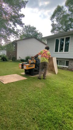 Stump grinder grinding a backyard stump in Ottawa